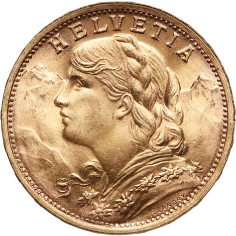 Złota moneta 20 franków szwajcarskich 1935