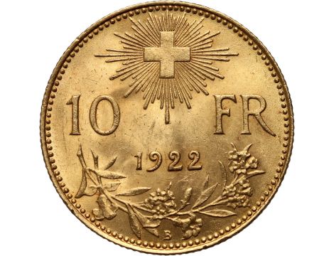 Złota moneta 10 franków szwajcarskich Helvetia Vreneli