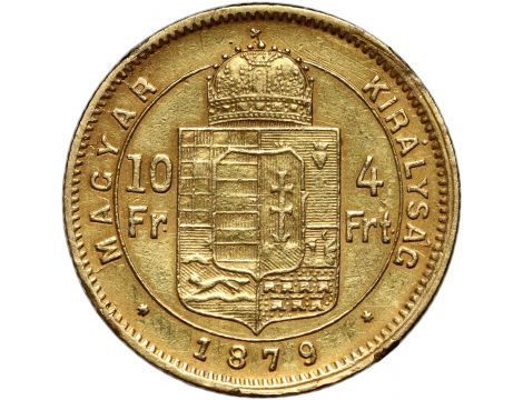 1710. Węgry, Franciszek Józef I, 10 franków = 4 forinty 1879 KB, Kremnica - rzadszy rocznik - 2