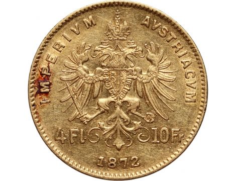 2728. Austria, Franciszek Józef I, 4 floreny = 10 franków 1872 - rzadki rocznik - 2