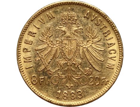 2791. Austria, Franciszek Józef I, 8 florenów = 20 franków 1883 - rzadki rocznik - 2