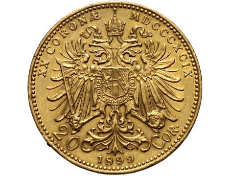 3030. Austria, Franciszek Józef I, 20 koron 1899, Wieniec - rzadki rocznik - 2