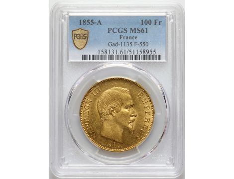 3122. Francja, Napoleon III, 100 franków 1855 A, Paryż, PCGS MS61