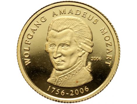 3387. Togo, 1500 franków 2006, Wolfgang Amadeusz Mozart, 1/25 uncji złota