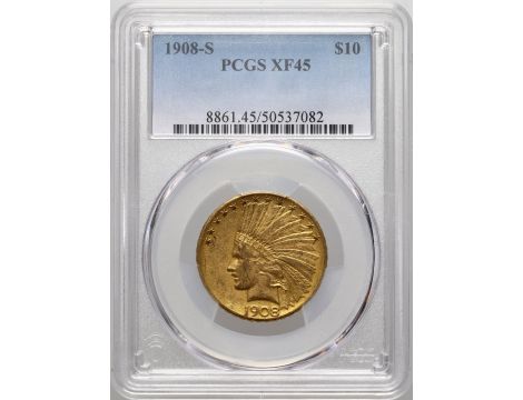 3422. USA, 10 dolarów 1908 S, San Francisco, Indianin, PCGS XF45 - niski nakład