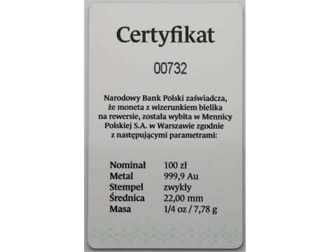 3467. Polska, 100 złotych 2019, Bielik, 1/4 uncji złota - nakład 500 sztuk - 3