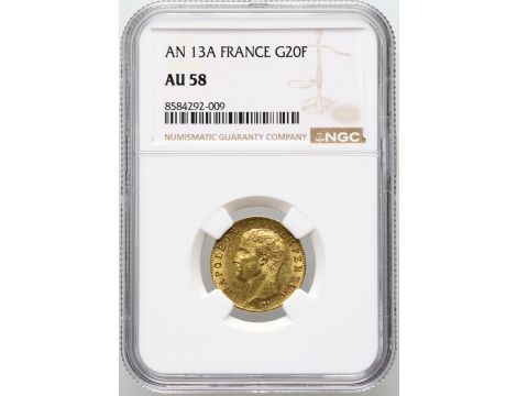 3562. Francja, Napoleon I, 20 franków An 13 A, Paryż, NGC AU58