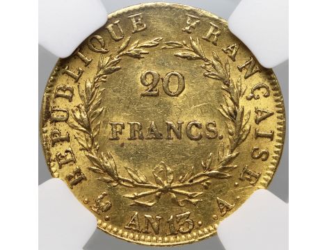3562. Francja, Napoleon I, 20 franków An 13 A, Paryż, NGC AU58 - 3