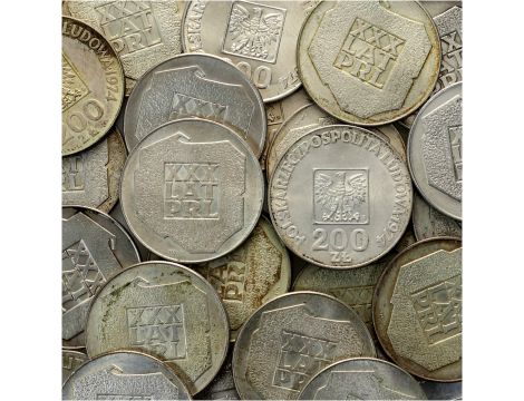 Zestaw srebrnych monet 200 złotych 1974 XXX Lat PRL Mapka 100 sztuk