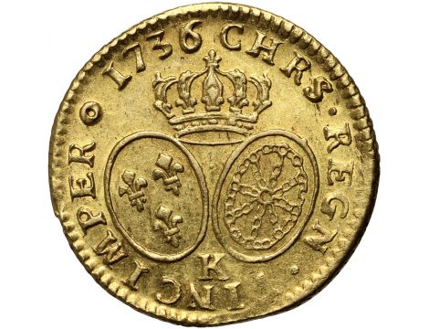 3824. Francja, Ludwik XV, Louis d'or aux lunettes 1736 K, Bordeaux - rzadki - 2