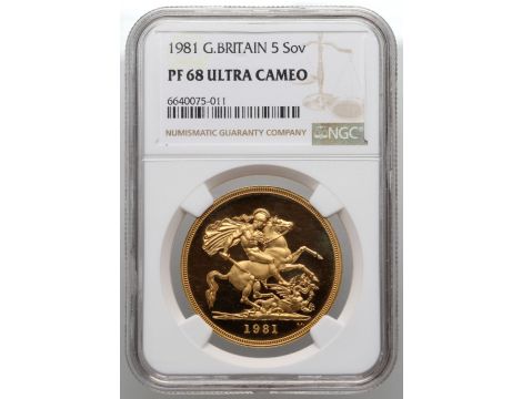 3858. Wielka Brytania, Elżbieta II, 5 funtów 1981, NGC PF68 Ultra Cameo