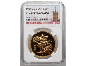 3859. Wielka Brytania, Elżbieta II, 5 funtów 1984, NGC PF68 Ultra Cameo