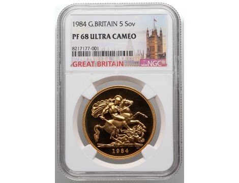 3859. Wielka Brytania, Elżbieta II, 5 funtów 1984, NGC PF68 Ultra Cameo