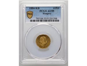 3902. Węgry, Franciszek Józef I, 4 forinty/10 franków 1884 KB, PCGS AU55