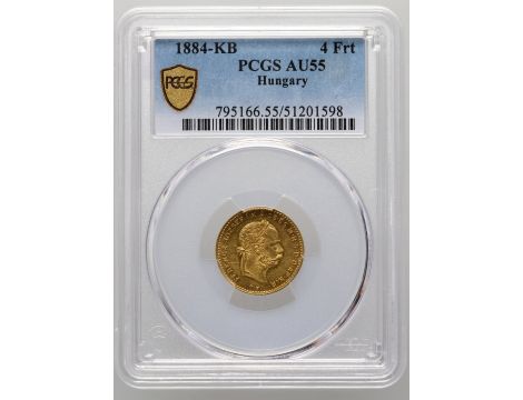 3902. Węgry, Franciszek Józef I, 4 forinty/10 franków 1884 KB, PCGS AU55