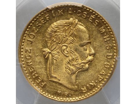 3902. Węgry, Franciszek Józef I, 4 forinty/10 franków 1884 KB, PCGS AU55 - 2