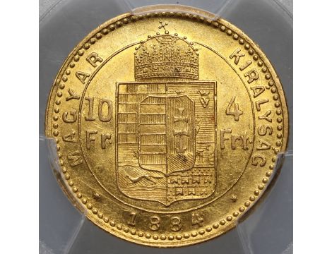 3902. Węgry, Franciszek Józef I, 4 forinty/10 franków 1884 KB, PCGS AU55 - 3