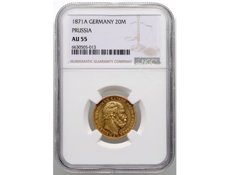 3928. Niemcy, Prusy, Wilhelm I, 20 marek 1871 A, Berlin, NGC AU55