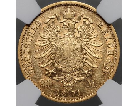 3928. Niemcy, Prusy, Wilhelm I, 20 marek 1871 A, Berlin, NGC AU55 - 3