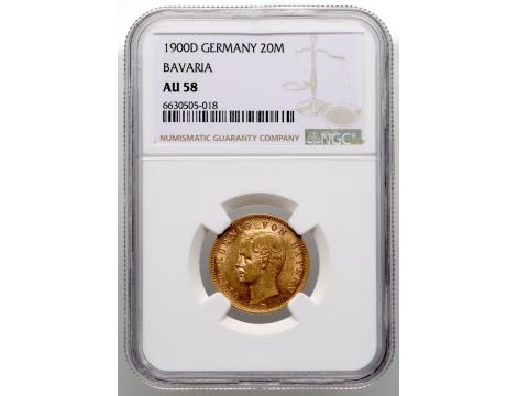 3929. Niemcy, Bawaria, Otto I, 20 marek 1900 D, Monachium, NGC AU58