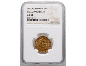 3930. Niemcy, Hesja, Ludwik IV, 20 marek 1892 A, Berlin, NGC AU58 - rzadkie