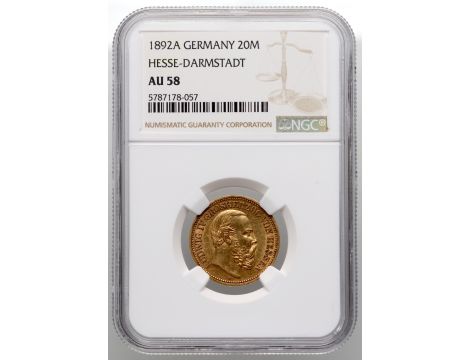 3930. Niemcy, Hesja, Ludwik IV, 20 marek 1892 A, Berlin, NGC AU58 - rzadkie