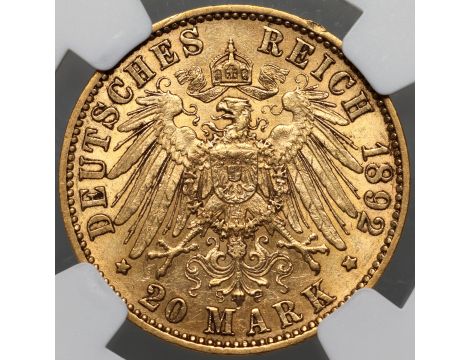 3930. Niemcy, Hesja, Ludwik IV, 20 marek 1892 A, Berlin, NGC AU58 - rzadkie - 3