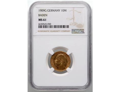 3933. Niemcy, Badenia, Fryderyk II, 10 marek 1909 G, Karlsruhe, NGC MS61