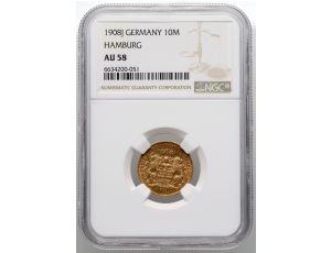 3934. Niemcy, Hamburg, 10 marek 1908 J, NGC AU58 - rzadki rocznik