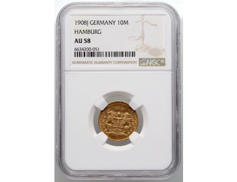 3934. Niemcy, Hamburg, 10 marek 1908 J, NGC AU58 - rzadki rocznik