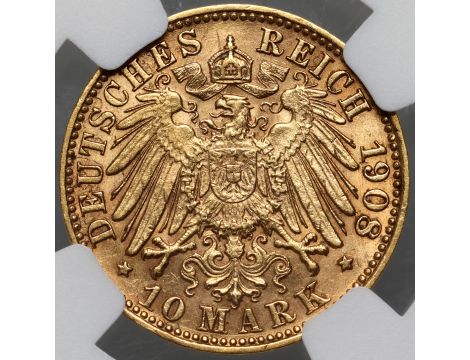 3934. Niemcy, Hamburg, 10 marek 1908 J, NGC AU58 - rzadki rocznik - 3