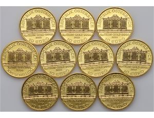4051. Austria, Zestaw 10x Wiedeński Filharmonik 1/10 uncji - 1 uncja złota