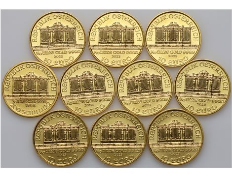 4051. Austria, Zestaw 10x Wiedeński Filharmonik 1/10 uncji - 1 uncja złota
