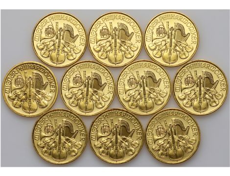 4051. Austria, Zestaw 10x Wiedeński Filharmonik 1/10 uncji - 1 uncja złota - 2