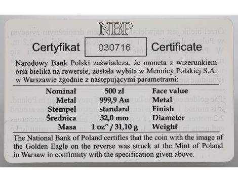 4094. Polska, 500 złotych 2016, Bielik, 1 uncja złota - 3