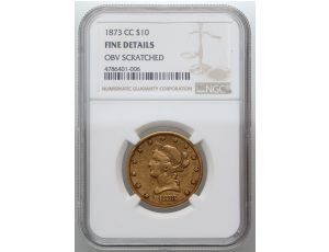 4101. USA, 10 dolarów 1873 CC, Carson City, Liberty, NGC Fine - bardzo rzadki rocznik
