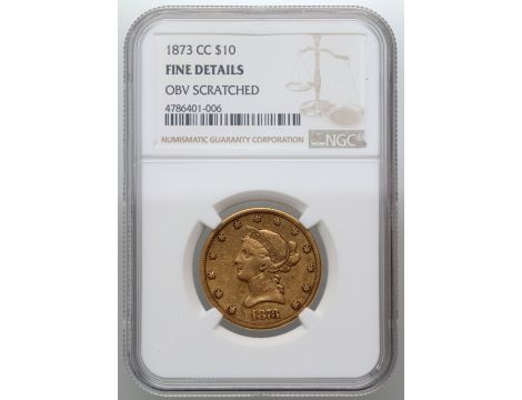4101. USA, 10 dolarów 1873 CC, Carson City, Liberty, NGC Fine - bardzo rzadki rocznik