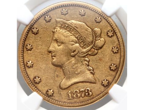 4101. USA, 10 dolarów 1873 CC, Carson City, Liberty, NGC Fine - bardzo rzadki rocznik - 2