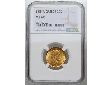 4106. Grecja, Jerzy I, 20 drachm 1884 A, Paryż, NGC MS62