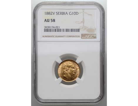 4107. Serbia, Milan I, 10 dinarów 1882 V, Wiedeń, NGC AU58