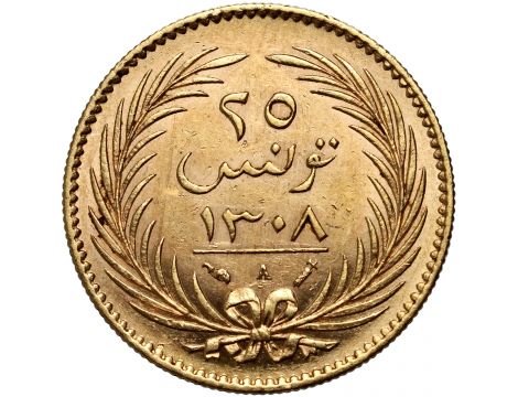 4180. Tunezja, 25 piastrów / 15 franków AH1308 (1891) A, Paryż - rzadkie - 2