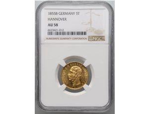 4183. Niemcy, Hanower, Jerzy V, 5 talarów 1855 B, NGC AU58 - rzadsze