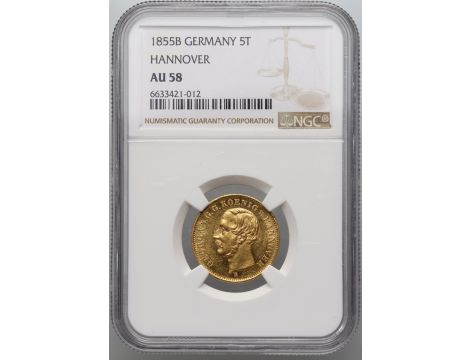 4183. Niemcy, Hanower, Jerzy V, 5 talarów 1855 B, NGC AU58 - rzadsze