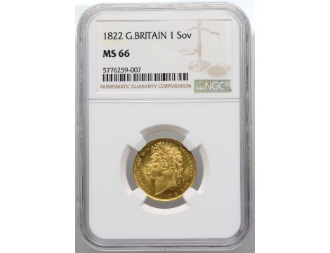 4215. Wielka Brytania, Jerzy IV, suweren 1822, NGC MS66 TOP POP - okazowy
