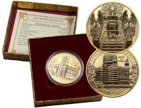 Austria, 100 euro 2005, Kościół am Steinhof - 16 g Au986