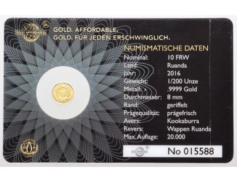 Rwanda, 10 franków 2016, Kookaburra - 1/200 uncji złota - 2