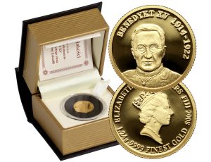4582. Fidżi, 10 dolarów 2008, Papież Benedykt XV, 1/25 uncji złota