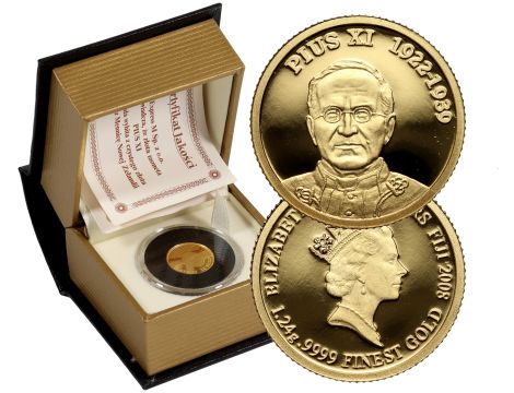 4583. Fidżi, 10 dolarów 2008, Papież Pius XI, 1/25 uncji złota