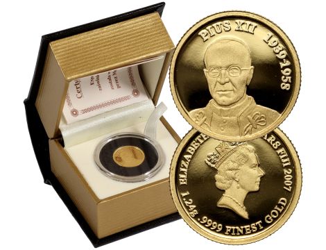 4584. Fidżi, 10 dolarów 2007, Papież Pius XII, 1/25 uncji złota