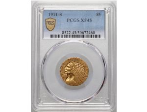 4631. USA, 5 dolarów 1911 S, San Francisco, Indianin, PCGS XF45